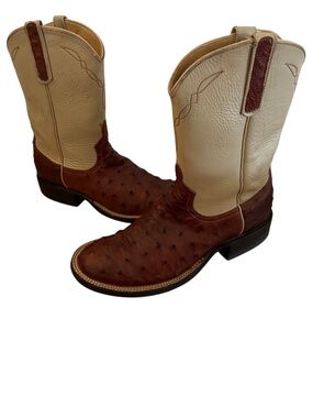 Anderson Bean Cowboy Boots Womens Sz 7.5 Ostrich Leather Brown Cream Western